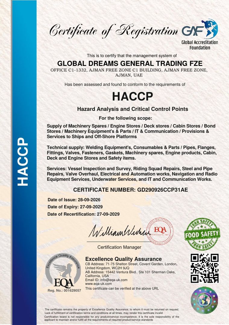 HACCP certificate &mdash; Global Dreams General Trading FZE