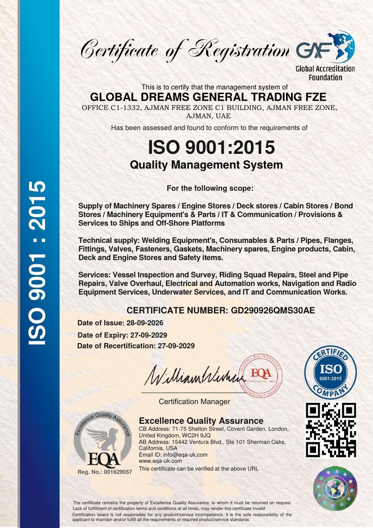 ISO 9001:2015 certificate &mdash; Global Dreams General Trading FZE